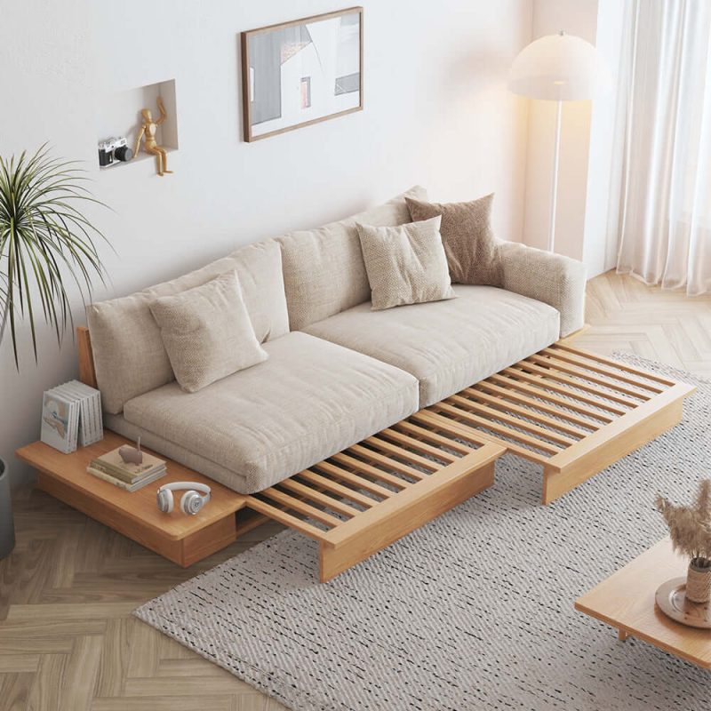 JASIWAY Modern Solid Wood Upholstered Cotton Linen Sofa Beige Folding sofa bed