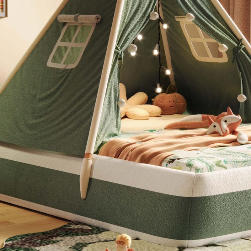 JASIWAY Christmas-Themed Upholstered Kids Tent Bed – Safe & Festive Play and Rest Space