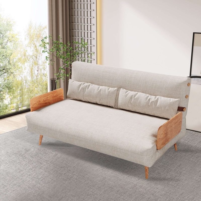 JASIWAY Beige & Brown Convertible Sofa Tech Fabric Upholstered Foldable Sofa