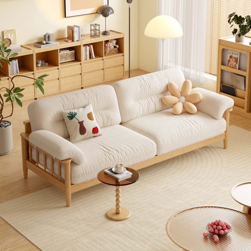 JASIWAY Japandi Solid Ash Wood Sofa Available in Cotton Linen, Corduroy & Cat-Scratch Fabric