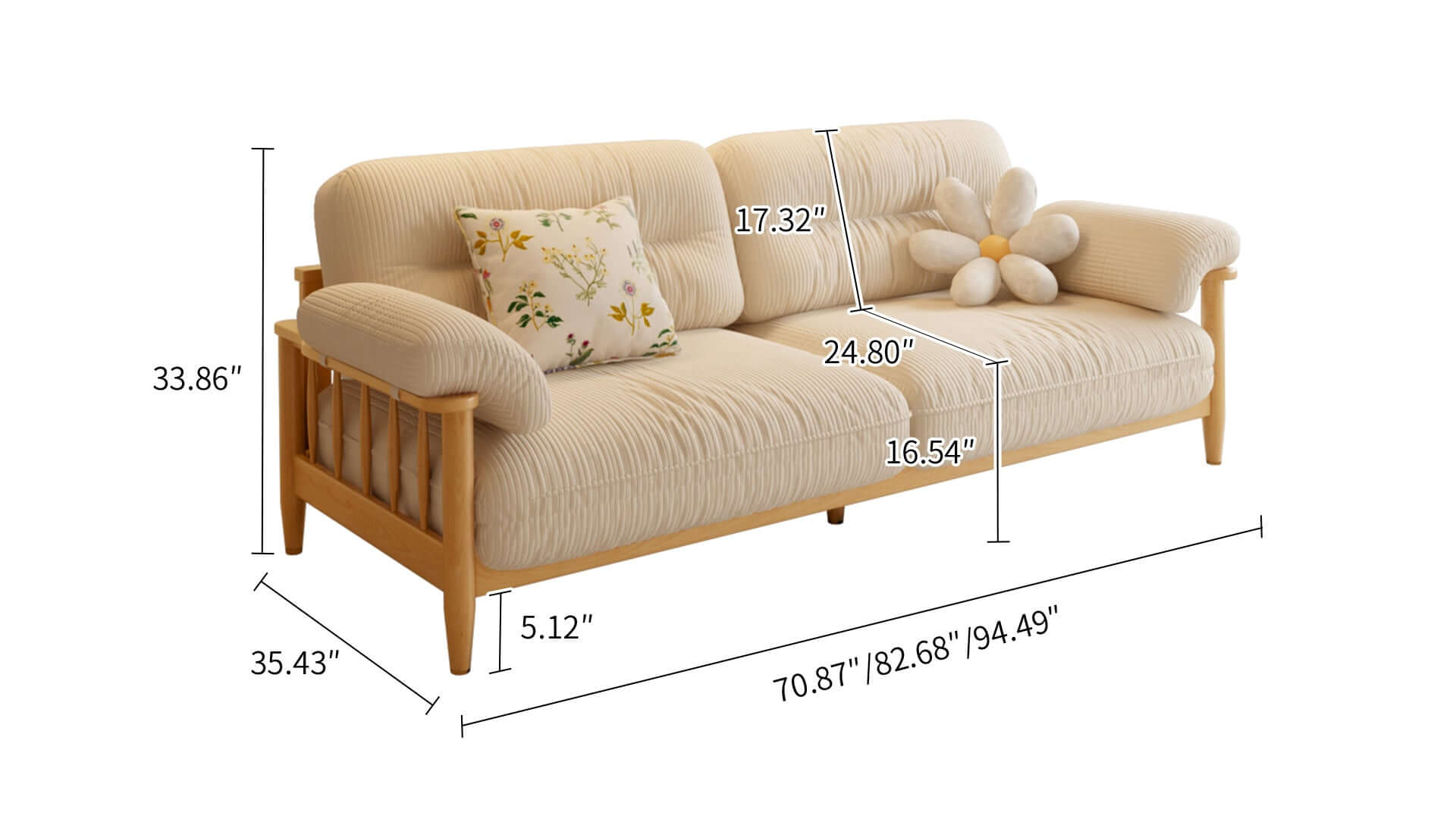 Dimension of Japandi Solid Ash Wood Sofa Available in Cotton Linen, Corduroy & Cat-Scratch Fabric