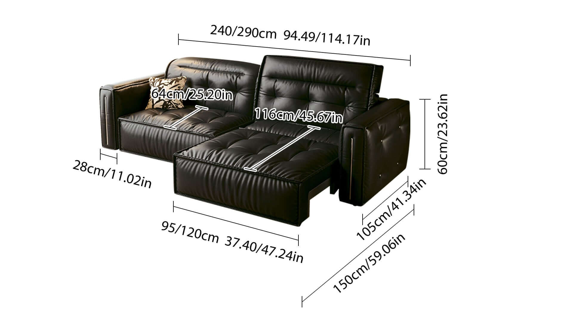 Dimension of Retro Leather Pull Out Couch Bed – Electric & Smart Remote Convertible