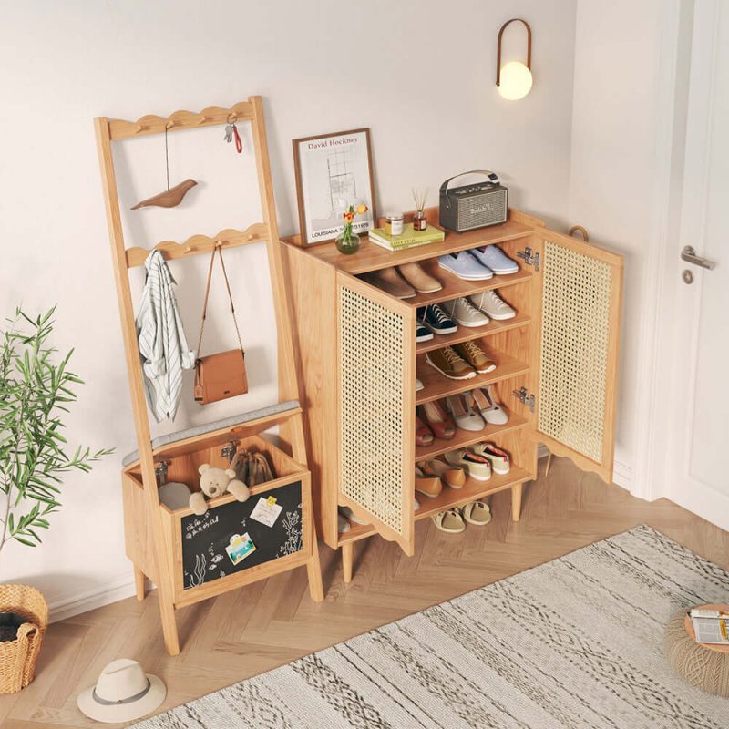 JASIWAY Exquisite Wooden Shoe Cabinet with Woven Rattan Doors