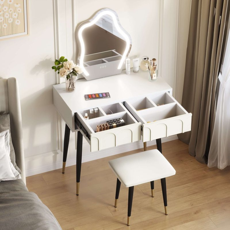 JASIWAY White Black 31.5in. Two Drawer Dresser with Mirror with Chair