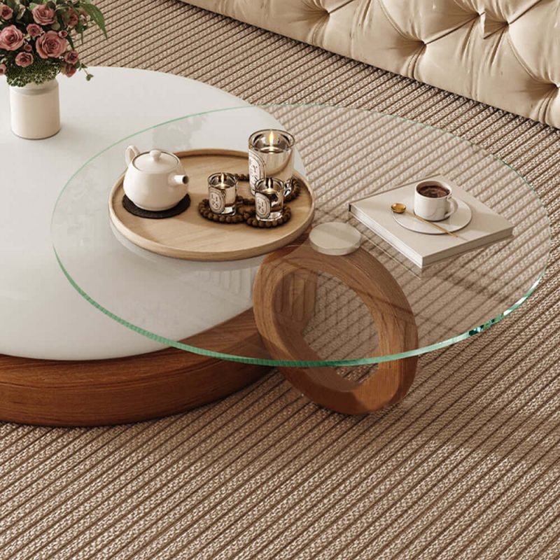 JASIWAY Modern Round Coffee Table – Glass Top & Solid Wood Leg