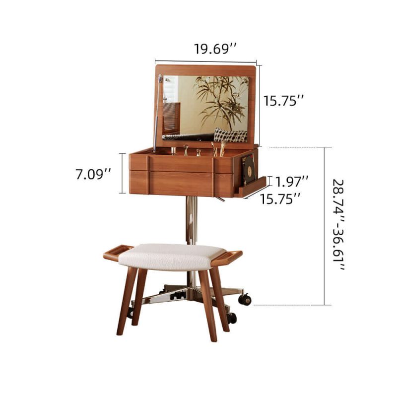JASIWAY Vintage Style Solid Wood Movable Small Vanity Table with Flip-Top Mirror