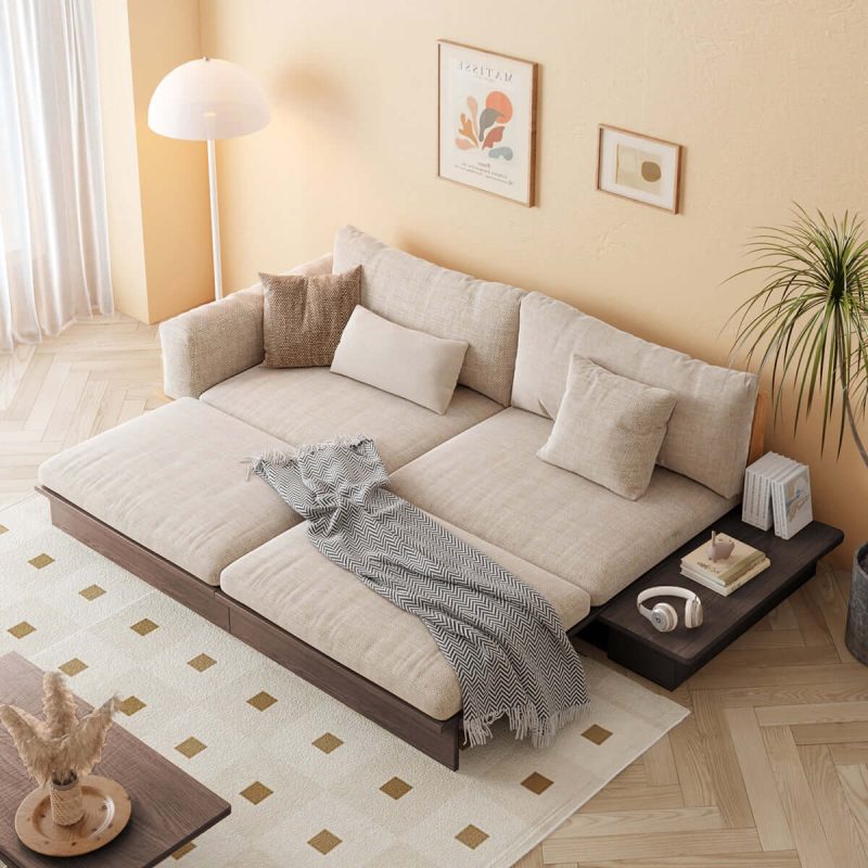 JASIWAY Modern Solid Wood Upholstered Cotton Linen Sofa Beige Folding sofa bed