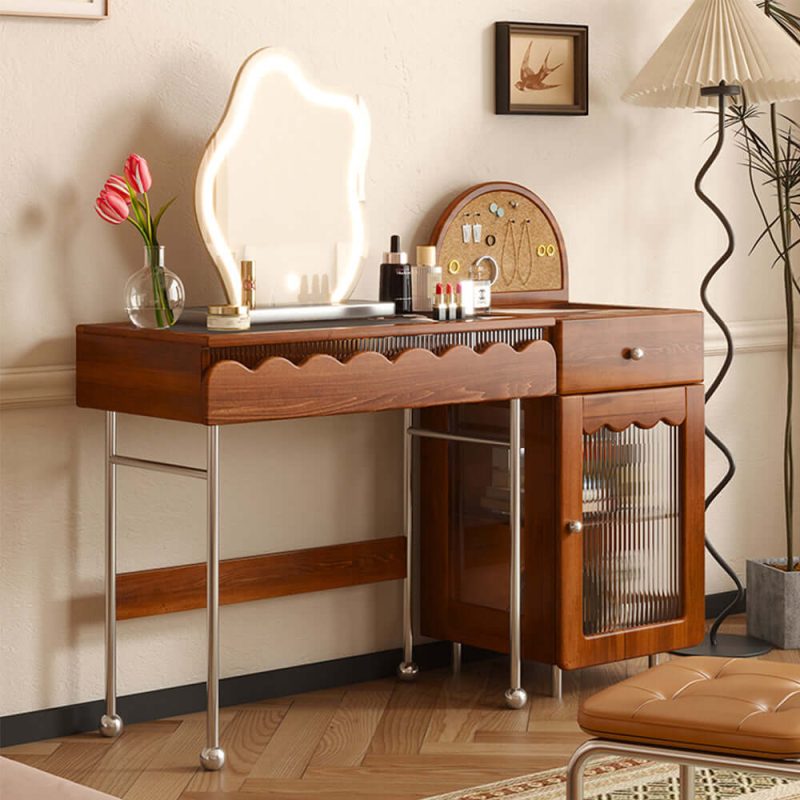 JASIWAY Freely Combinable Solid Wood Makeup Table with Cabinet & LED Mirror