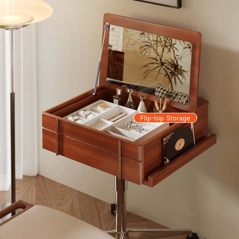 JASIWAY Vintage Style Solid Wood Movable Small Vanity Table with Flip-Top Mirror