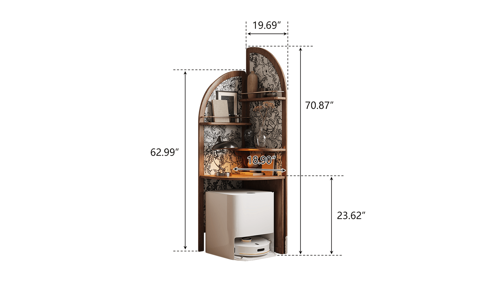 Dimension of Adjustable Corner Accent Arched Bookcase Open Style Storage Shelf