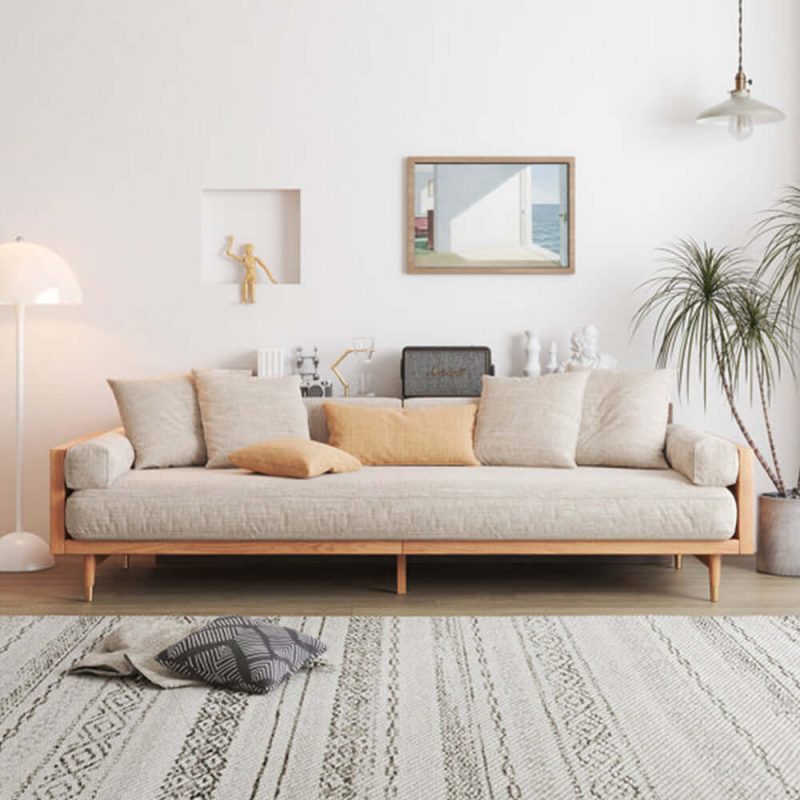 JASIWAY Modern Beige 3-Seat Upholstered Linen Fabric Sofa with Solid Wood Frame for Living Room