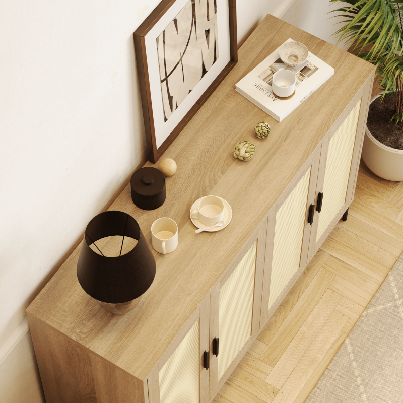 JASIWAY 48.42 Inch Sideboard Cabinet with Rattan Decorated 4-Doors