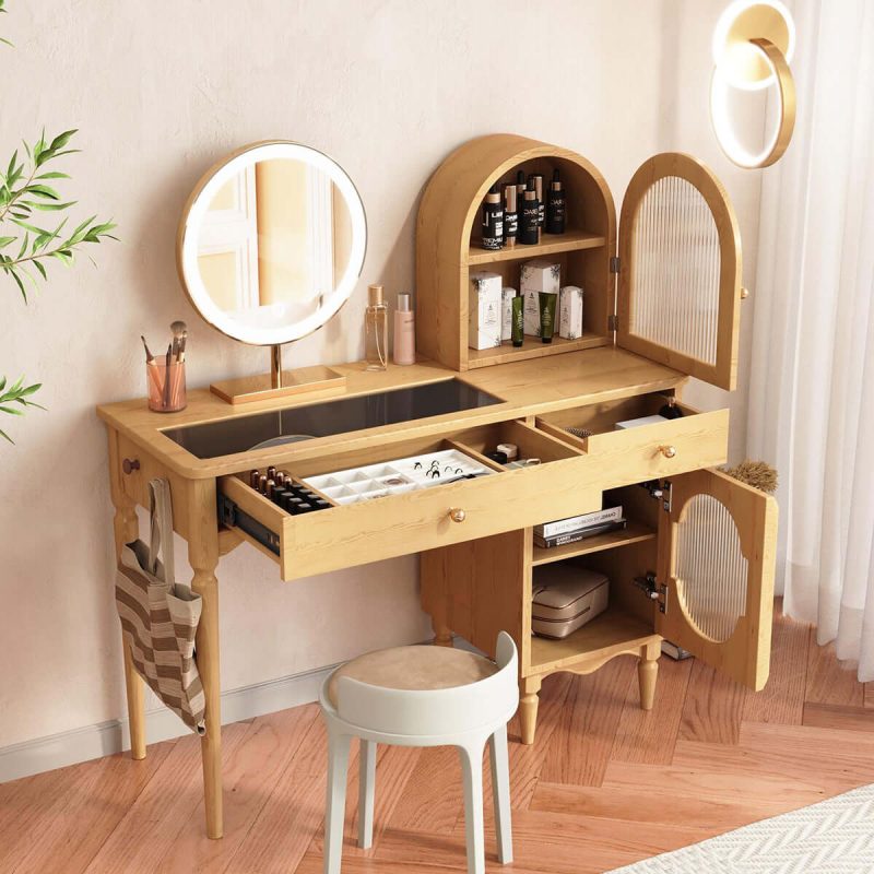 JASIWAY Wooden Makeup Vanity Set with Jewelry Storage & Side Cabinet