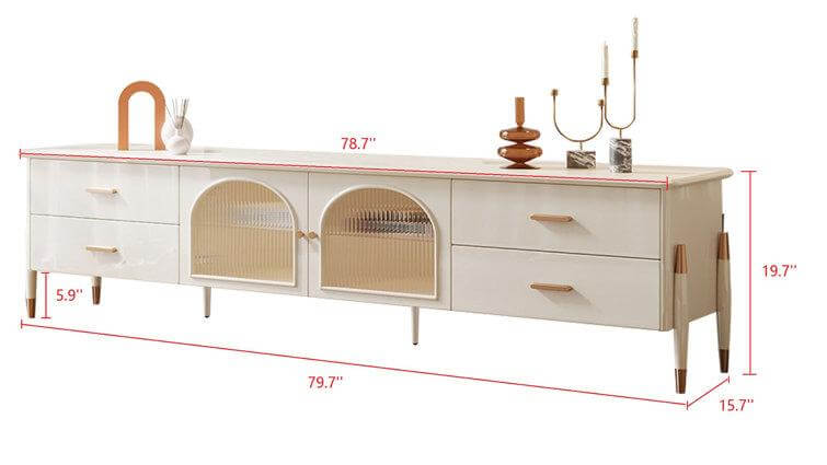 Dimension of Modern Beige TV Stand Glass Door Media Console with LED Light & 4 Drawers Storage
