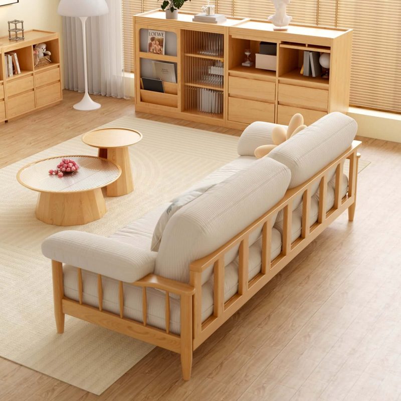 JASIWAY Japandi Solid Ash Wood Sofa Available in Cotton Linen, Corduroy & Cat-Scratch Fabric