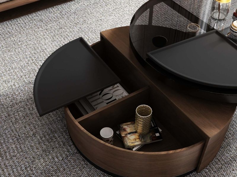 JASIWAY Black & Walnut Round 360-Degree Rotation Coffee Table Set Storage
