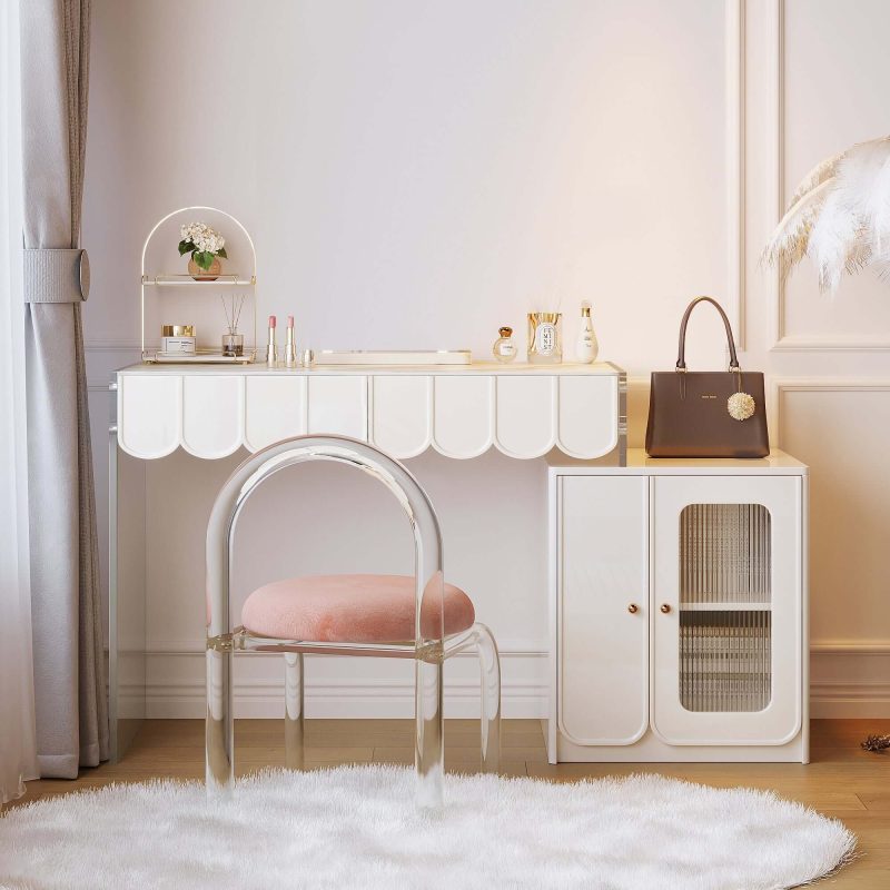 JASIWAY Modern White Makeup Vanity with Drawers & Side Cabinet