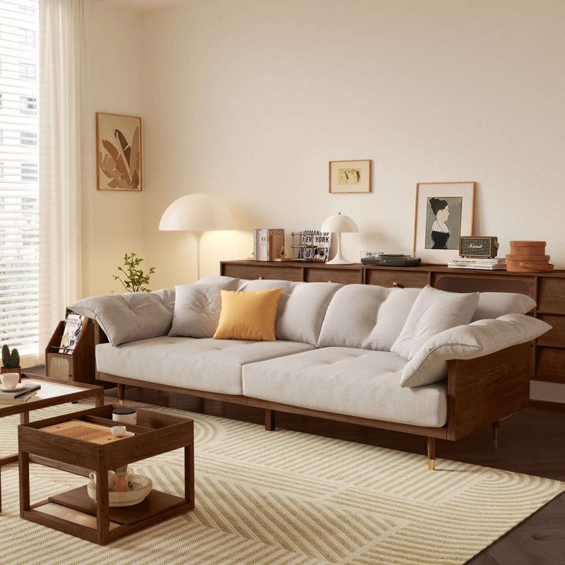 JASIWAY Modern 3-Seat Upholstered Cotton Linen Sofa Solid Wood Frame Sofa