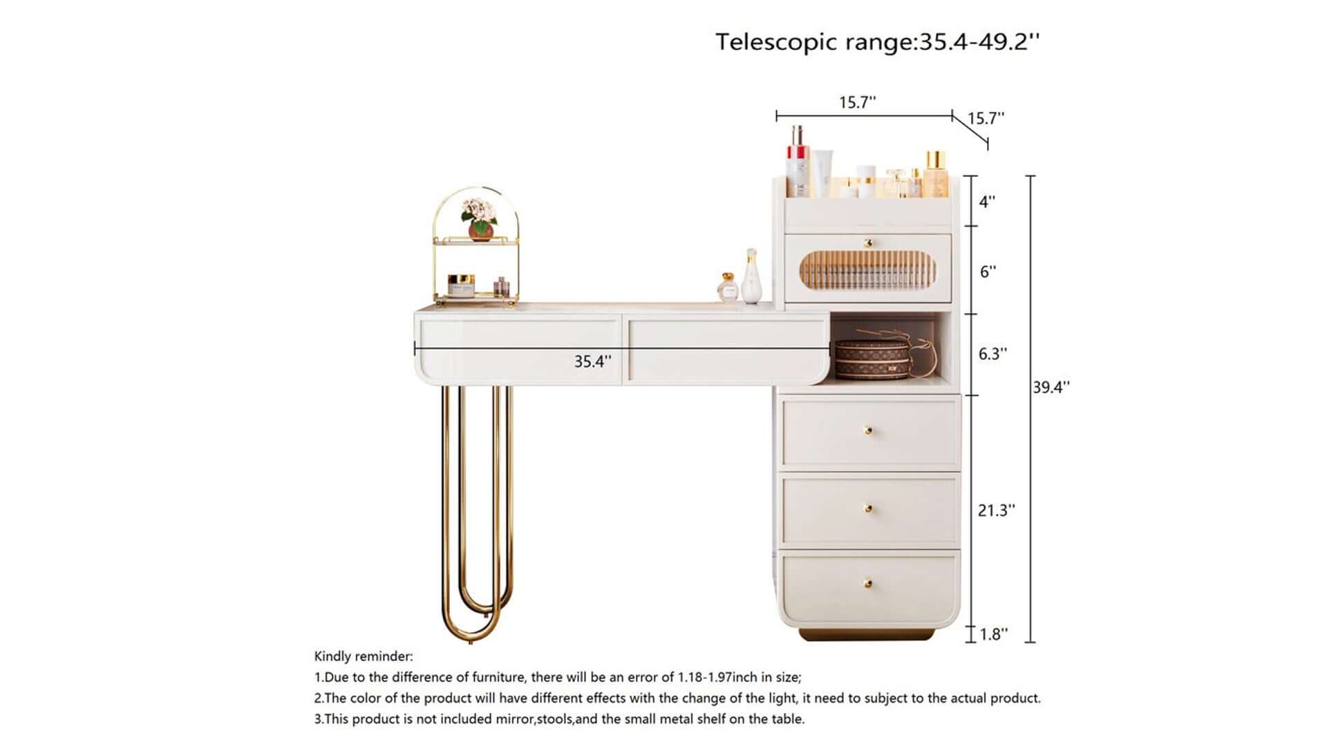 Dimension of Light Luxury White Makeup Vanity with Jewelry Storage & Drawers Included