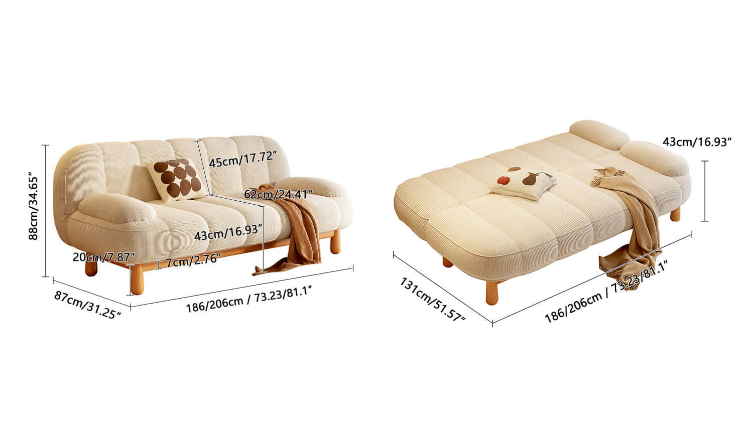 Dimension of Japandi Loveseat Folding Sofa Bed in Cream White & Green Corduroy Fabric