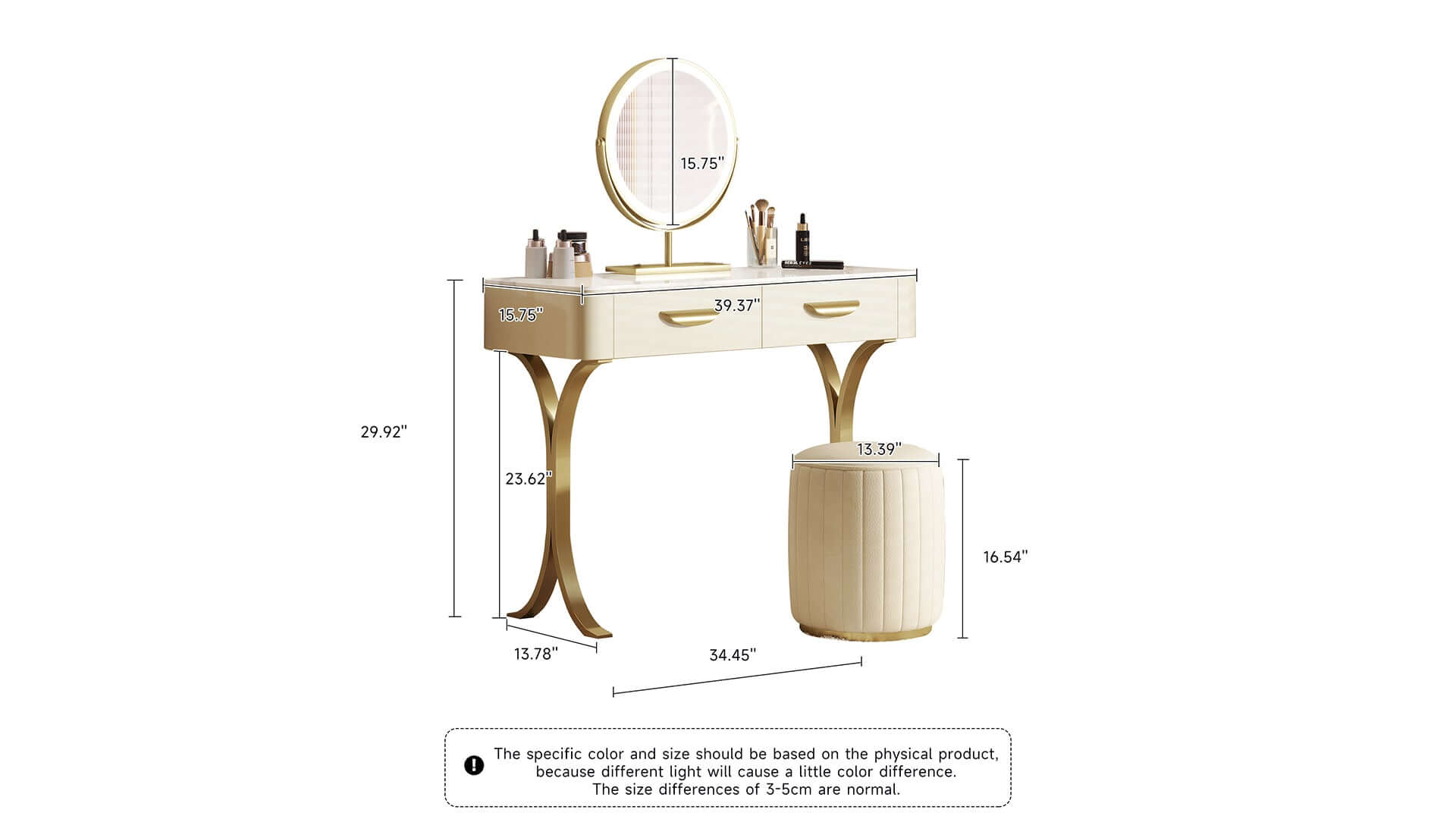 Dimension of Luxury Vanity Set Makeup Table with 2 Drawers & Mirror & Stool
