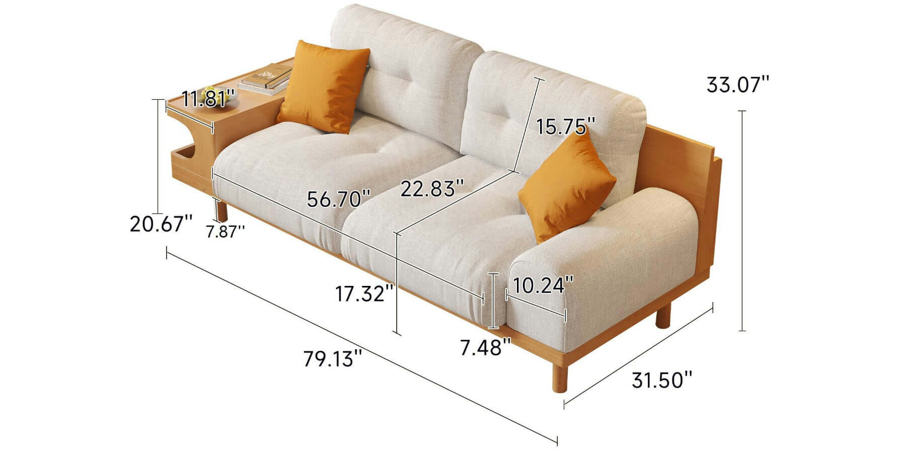 Dimension of Japandi Wooden Base Sofa with Integrated Cat Den