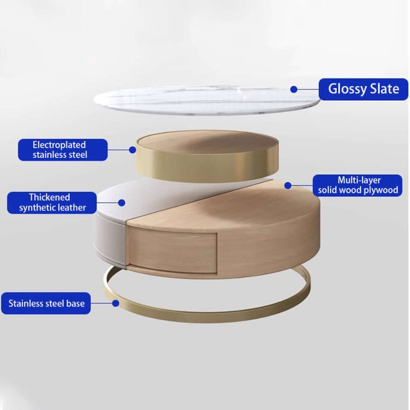 JASIWAY Luxury Slate Top Modern High-Low Round Coffee Table Set with Storage Drawers