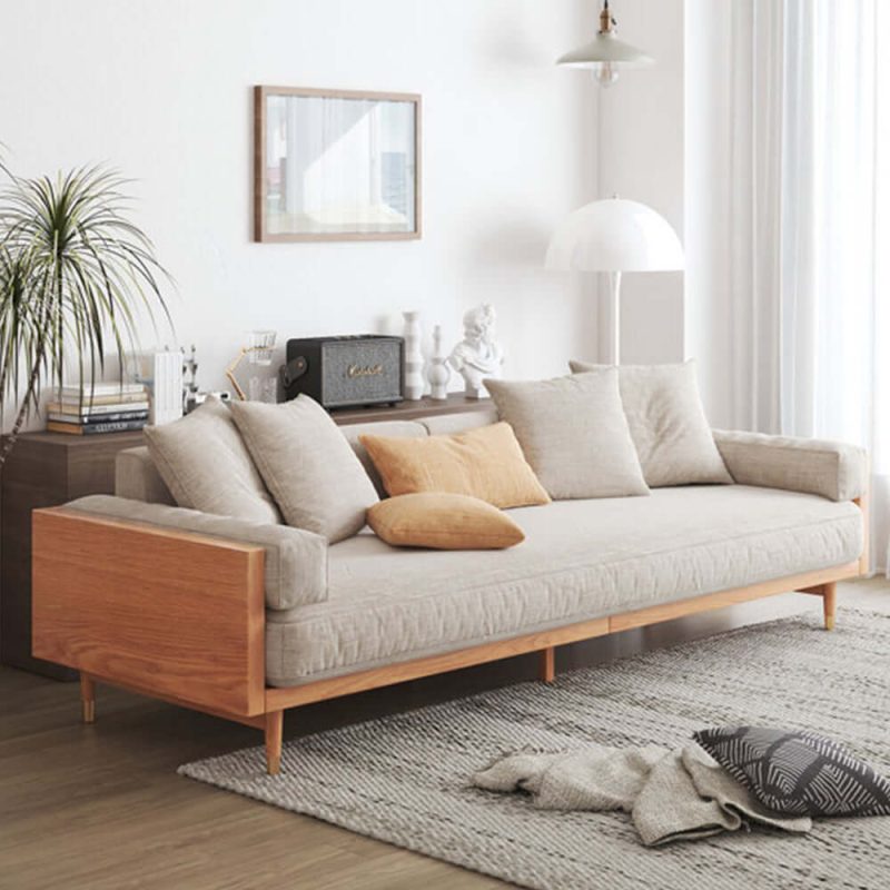 JASIWAY Modern Beige 3-Seat Upholstered Linen Fabric Sofa with Solid Wood Frame for Living Room