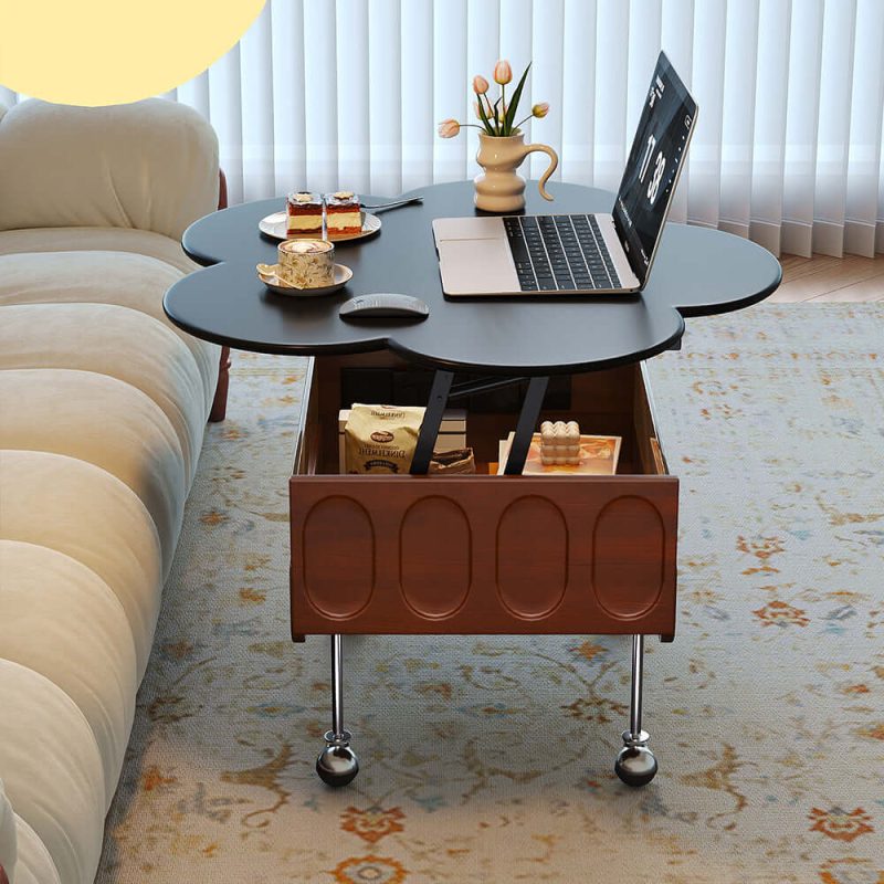 JASIWAY Retro Living Room Movable Coffee Table with Solid Wood Adjustable Petal Design