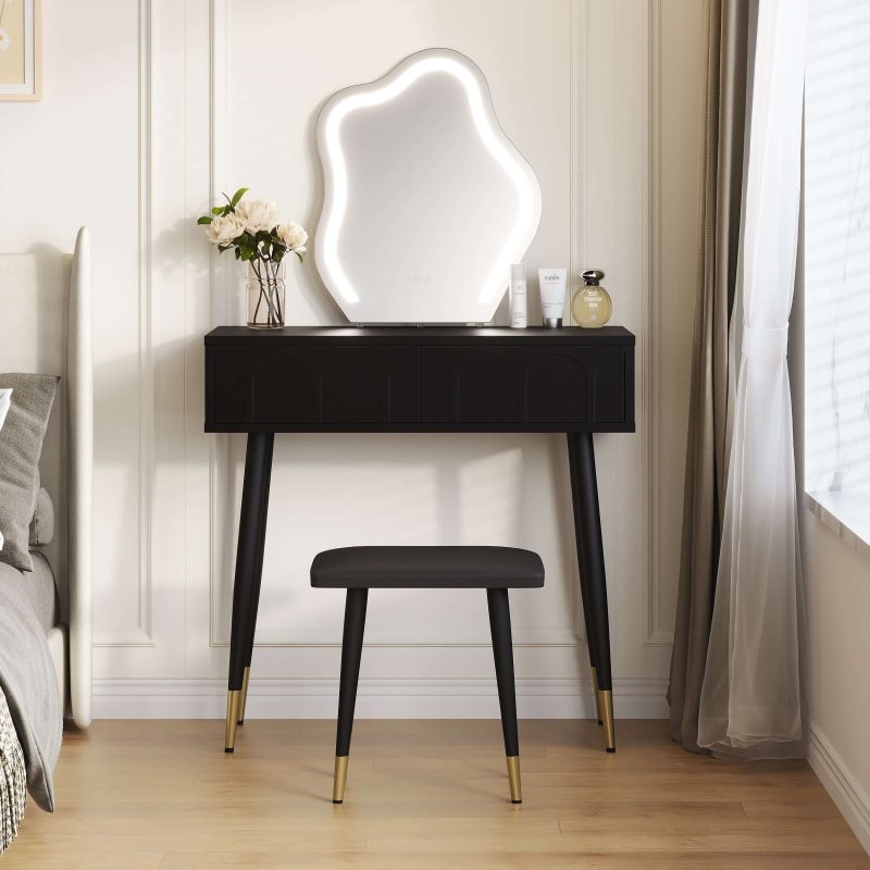 JASIWAY White Black 31.5in. Two Drawer Dresser with Mirror with Chair