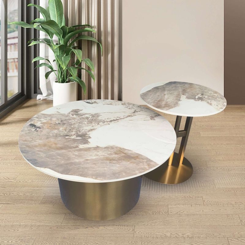 JASIWAY Black & Gold Round Nesting Coffee Table with Sintered Stone Top