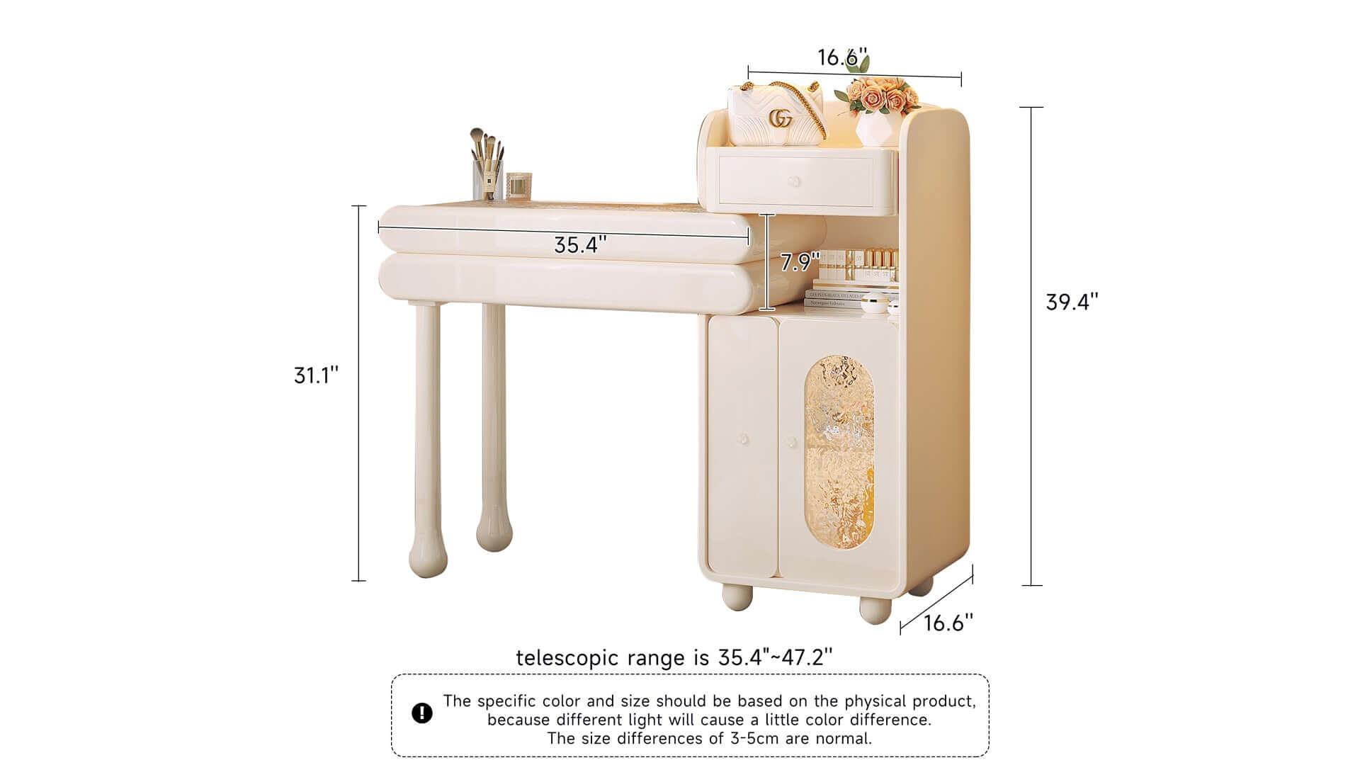 Dimension of Modern Stretchable Makeup Vanity Dressing Table White