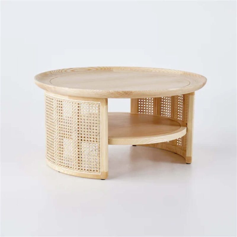 JASIWAY Solid Wood 2-Tiered Japandi Round Coffee Table with Rattan Base