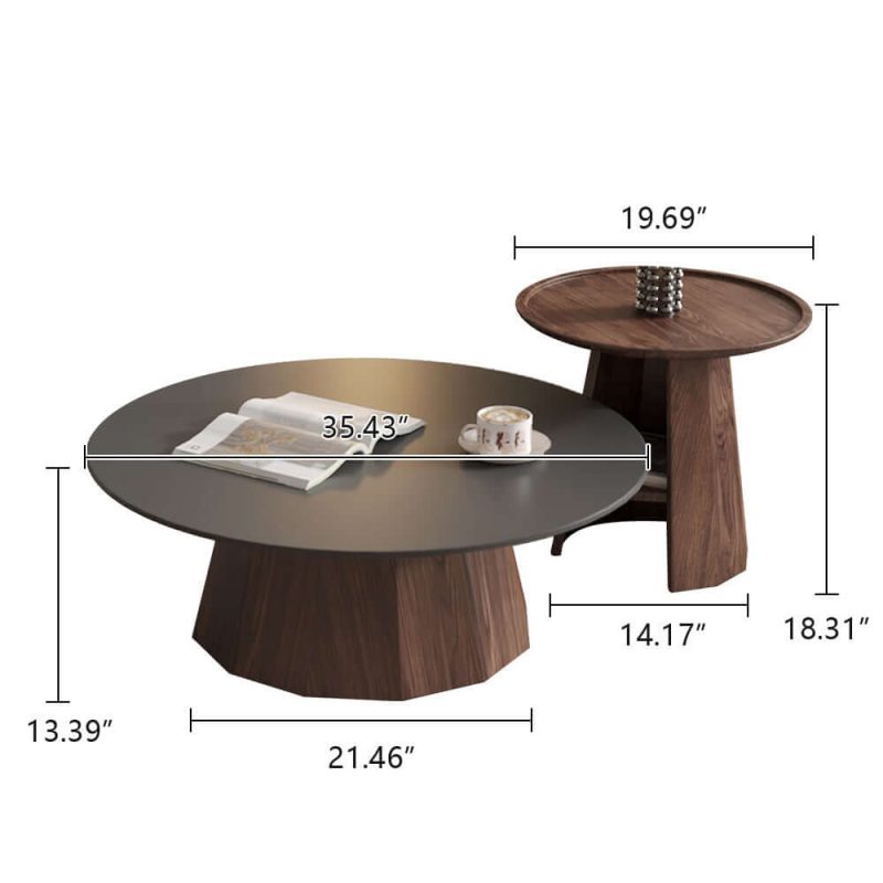 JASIWAY Round High-Low Combo Coffee Table Solid Wood Slate with Storage