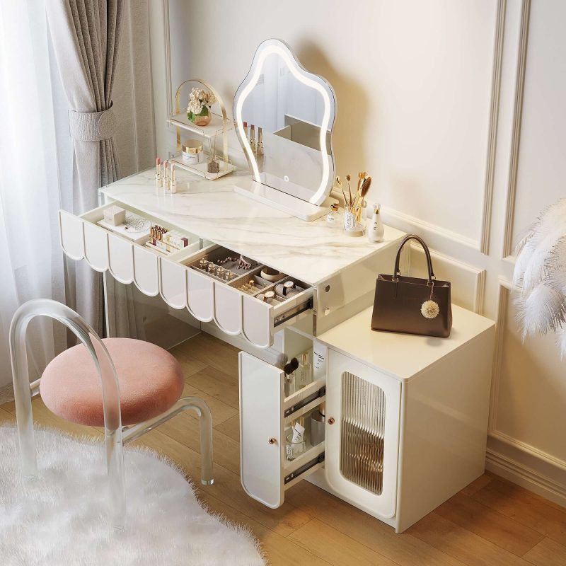 JASIWAY Modern White Makeup Vanity with Drawers & Side Cabinet
