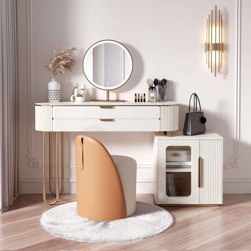 JASIWAY Modern White Makeup Vanity Table with LED Lighted Mirror & Cabinet