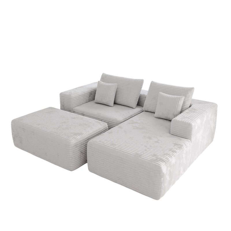 JASIWAY L-shape Beige Color Corduroy Sofa with Ottoman