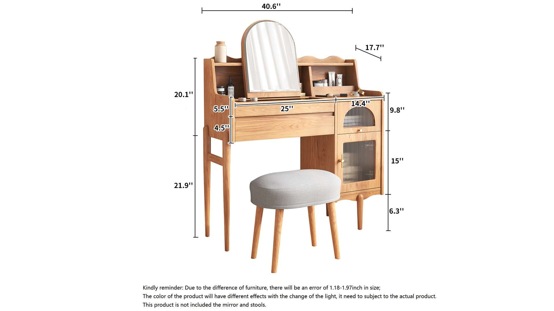 Dimension of Wooden Makeup Vanity Table with Dressing Mirror & Drawers & Side Cabinet
