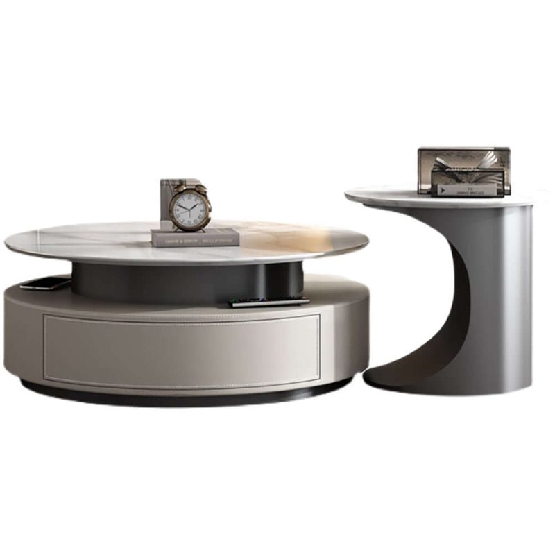 JASIWAY Luxury Slate Top Modern High-Low Round Coffee Table Set with Storage Drawers