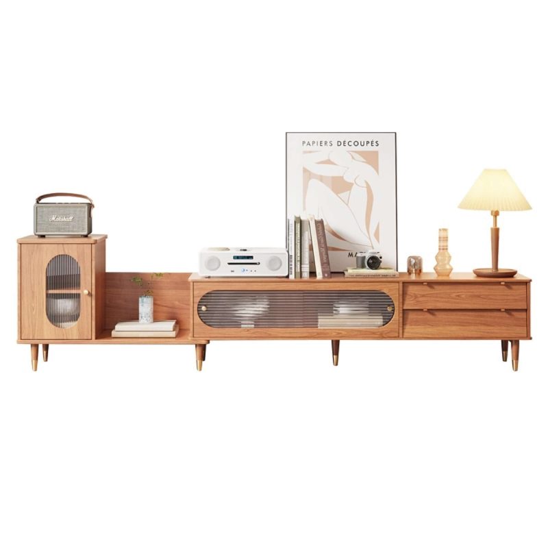 JASIWAY Rectangle Wood Extendable TV Stand with Bookshelf & Storage Drawers