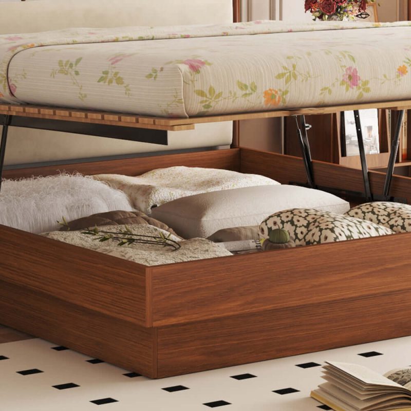 JASIWAY Vintage Storage Bed Solid Wood Floating Bed with Large Storage