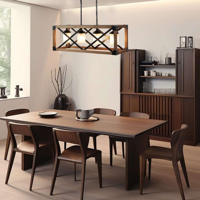 JASIWAY 4-light Rectangle Farmhouse Pendant with Wood Accents