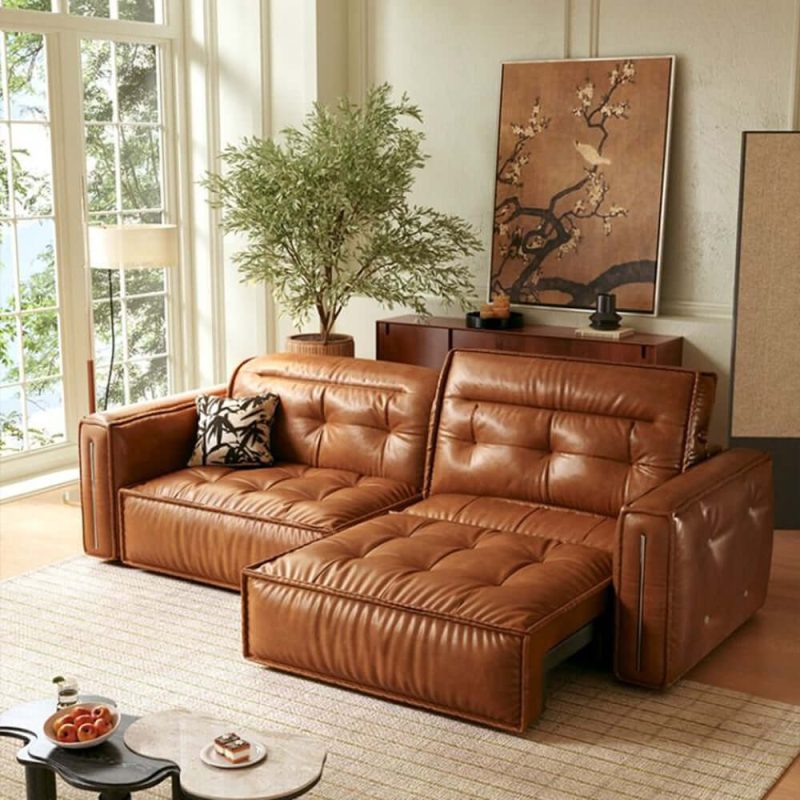 JASIWAY Retro Leather Pull Out Couch Bed – Electric & Smart Remote Convertible