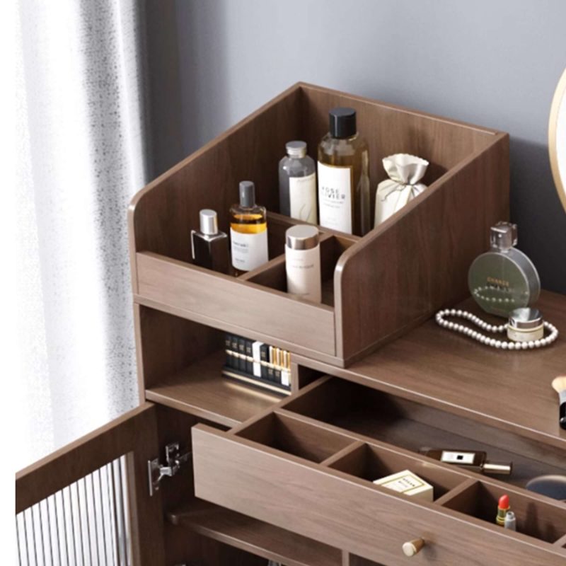 JASIWAY Coffee Brown Wooden Vanity Table with Side Cabinets Open Storage & Drawers