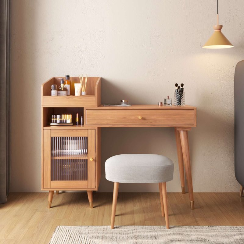 JASIWAY Coffee Brown Wooden Vanity Table with Side Cabinets Open Storage & Drawers