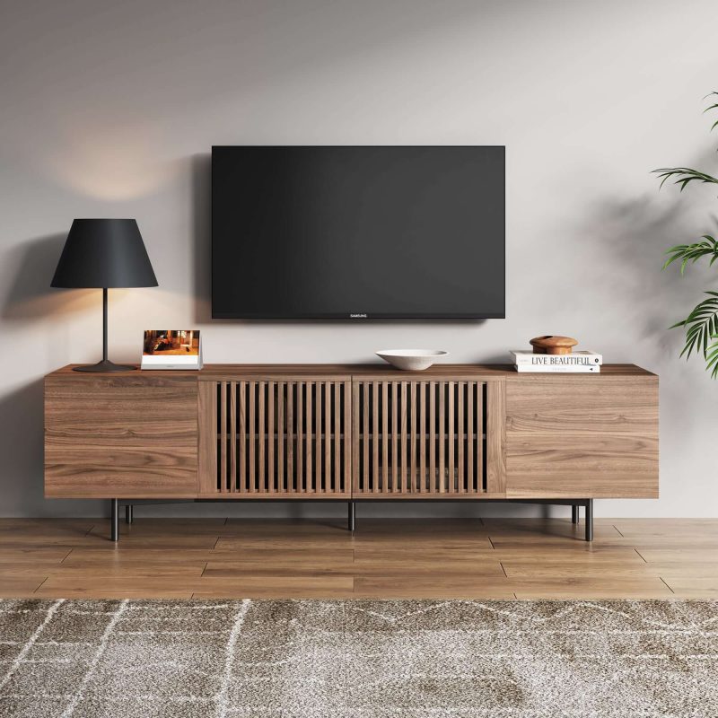 JASIWAY Minimalist TV Stand Slatted Media Console with 4 Doors Storage