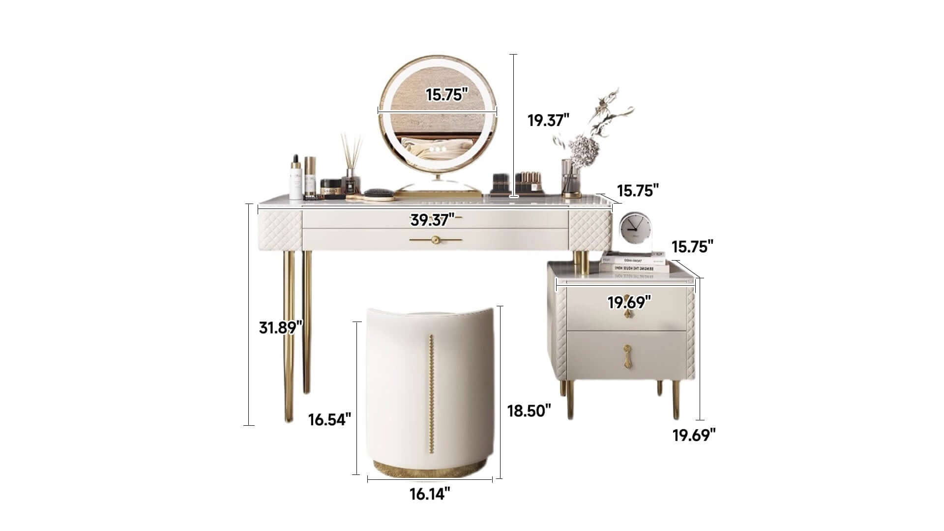 Dimension of Slate Top Makeup Vanity Set with Drawer, LED Mirror & Chair