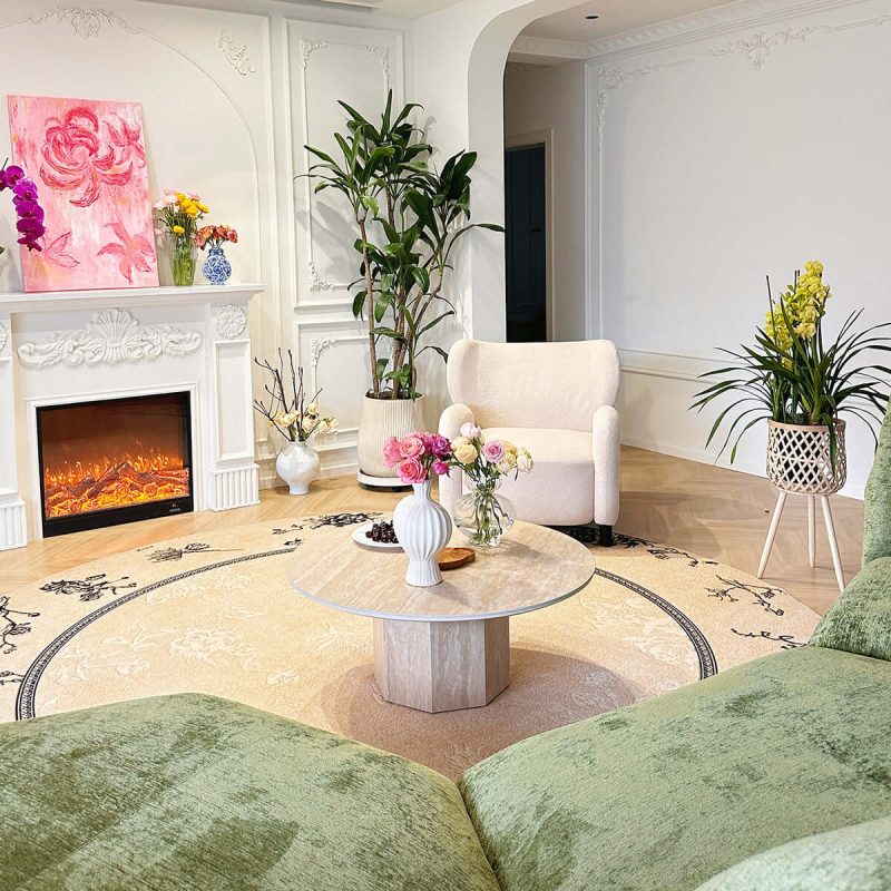 JASIWAY Japandi Round Coffee Table - Beige Travertine & Premium Wood