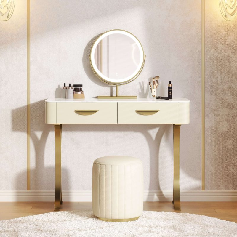 JASIWAY Luxury Vanity Set Makeup Table with 2 Drawers & Mirror & Stool