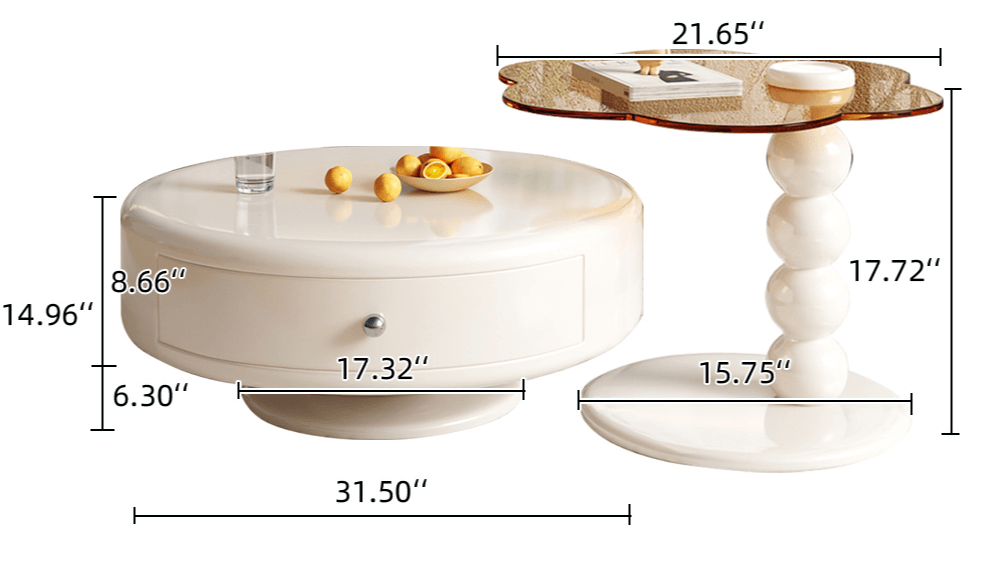Dimension of Round Rotating Nesting Coffee Table Set of 2 Tea Glass Side Table with 2 Drawers